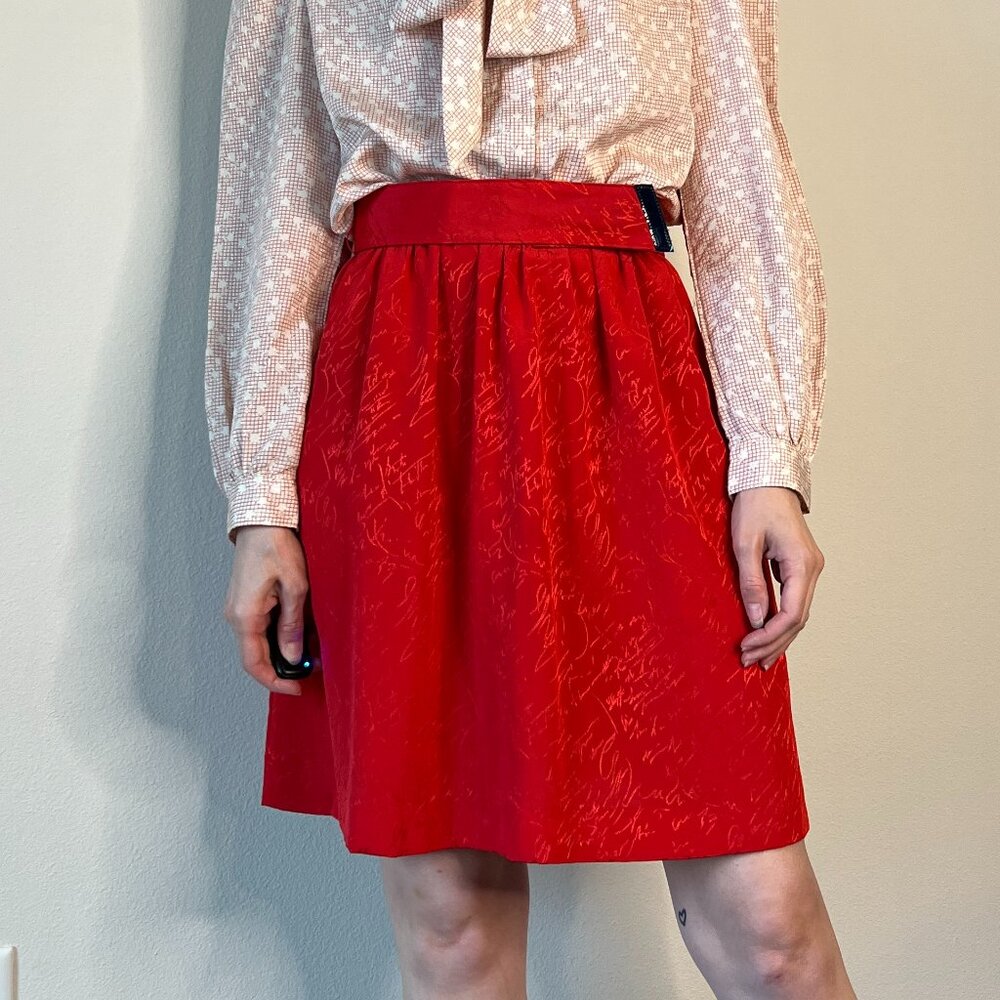 Vintage Red Jacquard Satin Mini Skirt w/Matching Belt 23" Stretch Waist